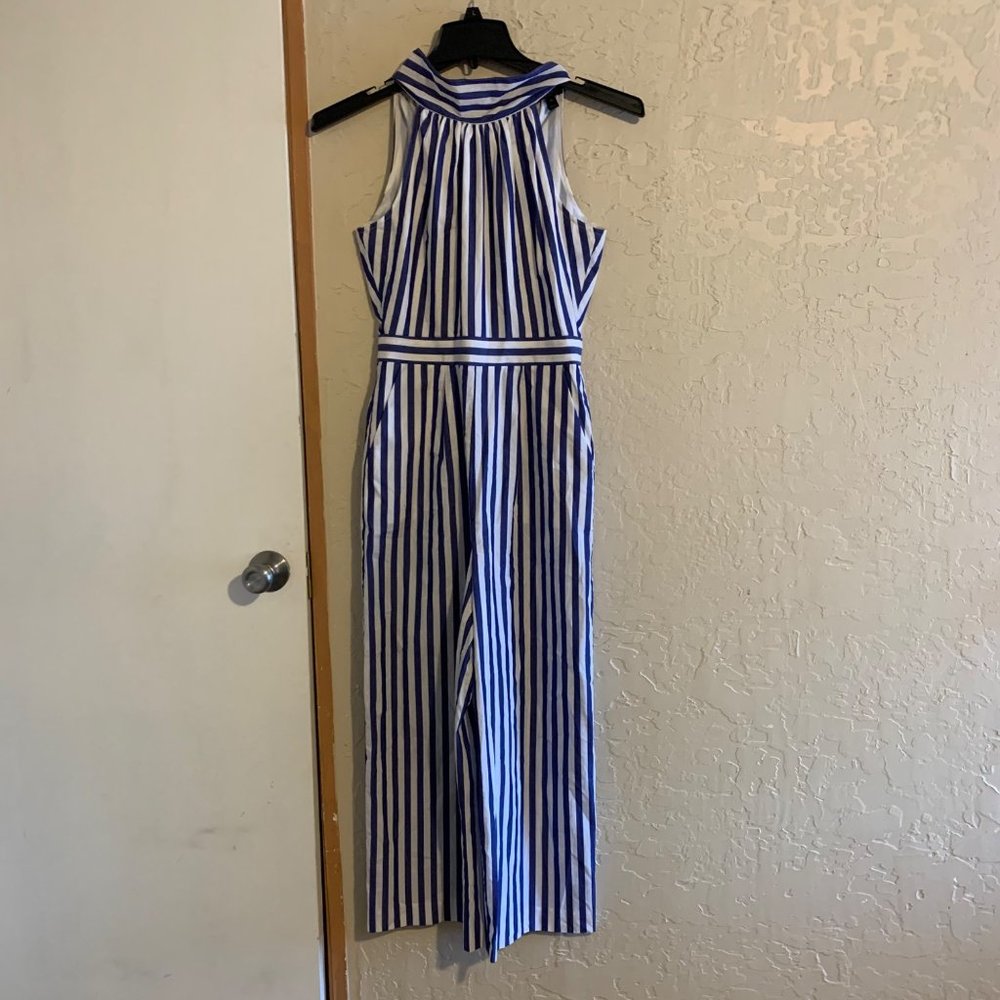 J.Crew size 00 blue white stripe halter wide leg Jump suit pantsuit romp…